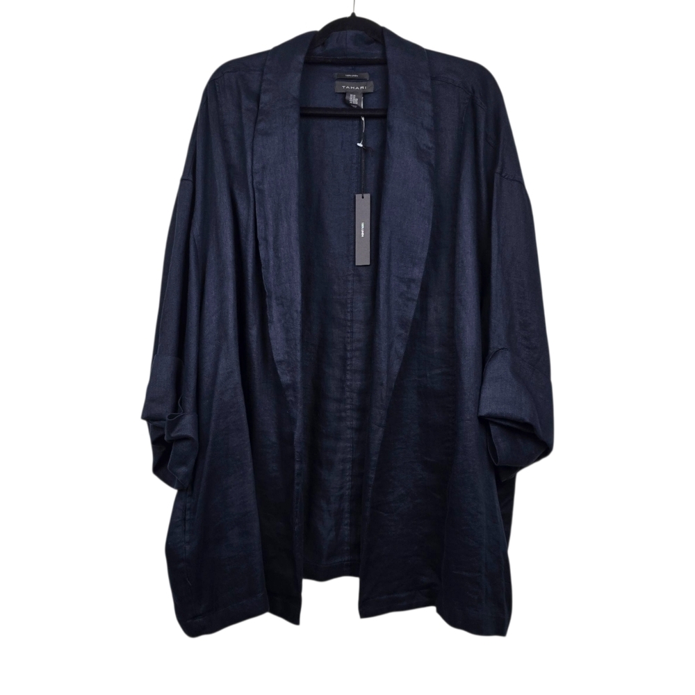 Tahari Womens 3/4 Sleeve Blue Linen Open Front Jacket Size 3X NWT
